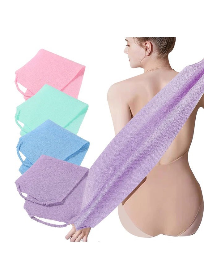 LZCNM 4 Pack Exfoliating Body Scrubber with Handles, Nylon Exfoliating Cloth Extended Length Back Scrubber Stretchable Pull Strap Shower Back Scrubber for Shower for Women&Men(4 Pack-Green+Blue+Purple+Pink) - Image 1