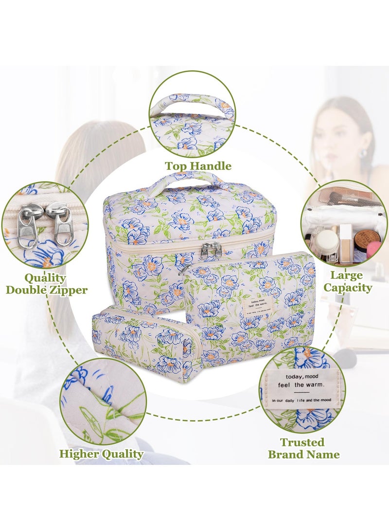 إسكدنيا حقيبة مكياج مبطنة كبيرة مكونة من 3 قطع للنساء والفتيات، حقيبة مستحضرات تجميل قطنية جميلة مزينة بالزهور، حقائب أدوات تواليت منظمة للسفر (زهرة زرقاء وأوراق خضراء) - Image 3