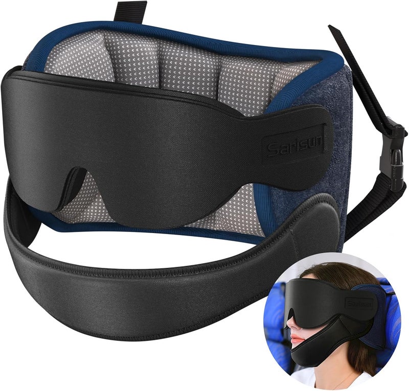SARISUN Travel Pillows for Airplanes with Sleep Eye Mask, Chin Strap, Airplane Pillow for Long Flights, Car Road Trip, 360° Support Headrest, Stop Bobblehead, Mottled Grey - Image 1