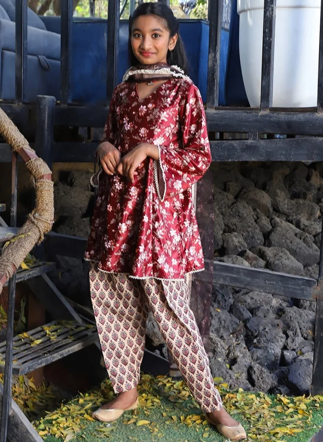 أيه كيه إس Maroon Velvet Kurta Set for Girls