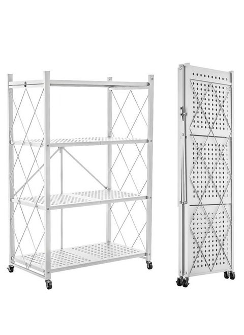 4 Layer Foldable Storage Rack With Wheels, No Installation Required, Strong Load Bearing Capacity, One Pull To Open The Storage Rack, White