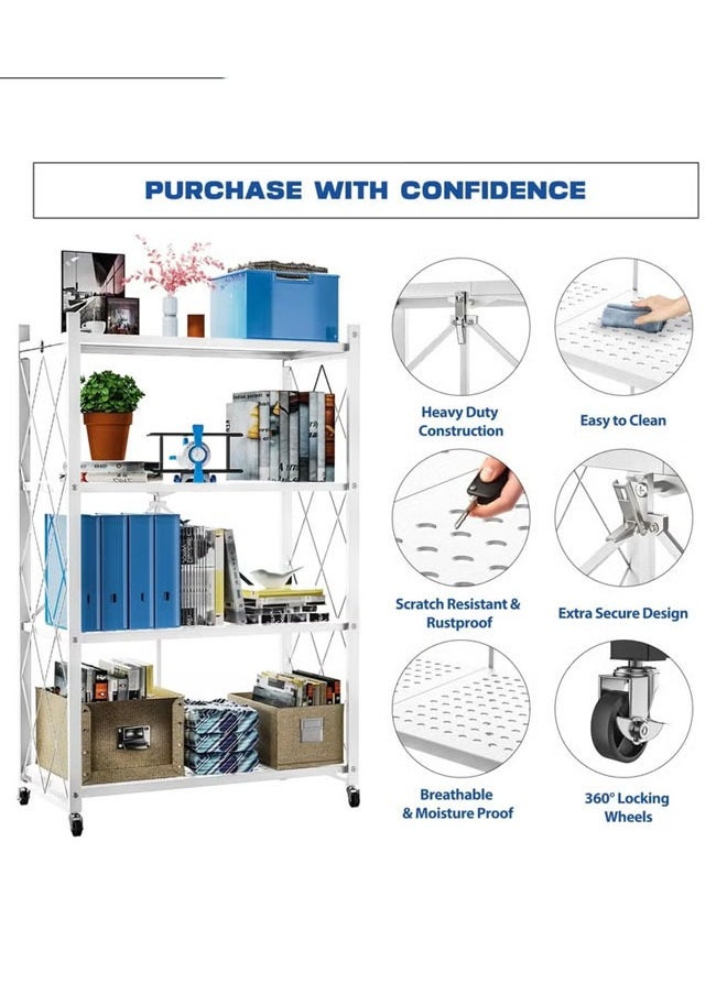 BLOOMING TIME - 4 Layer Foldable Storage Rack With Wheels, No Installation Required, Strong Load Bearing Capacity, One Pull To Open The Storage Rack, White - Image 1