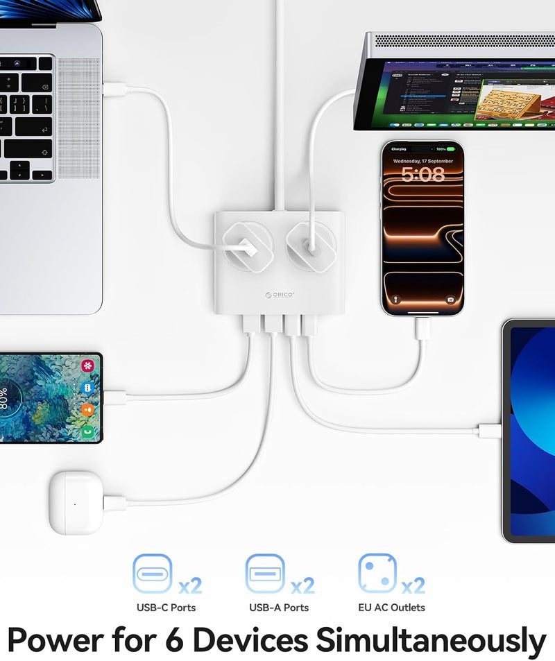 ORICO PD 20W Extension Lead with USB Slots, 2 Way Extension Socket with 2 USB C and 2 USB A, 1.6m Extension Cable, 13A 3250W Desk Power Strip for Bedroom Office Accessories-White - Image 3