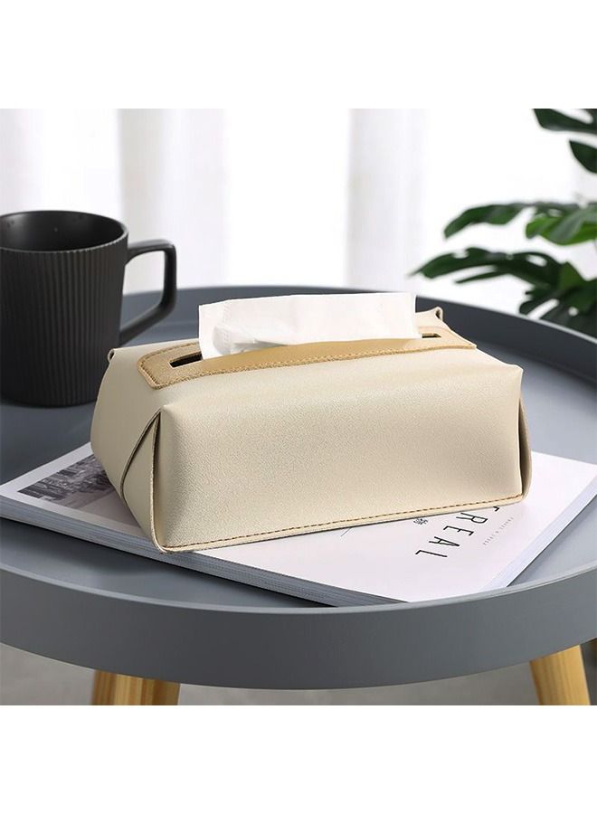 Tissue Box Cover Handkerchief Box, Waterproof PU Leather Rectangular Tissue Box Case Organizer Holder, Tissue Paper Holder for Living Room Kitchen Desktop (Beige)  - Image 4