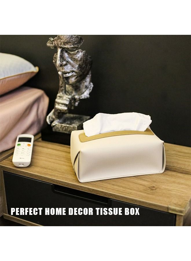 Tissue Box Cover Handkerchief Box, Waterproof PU Leather Rectangular Tissue Box Case Organizer Holder, Tissue Paper Holder for Living Room Kitchen Desktop (Beige)  - Image 3