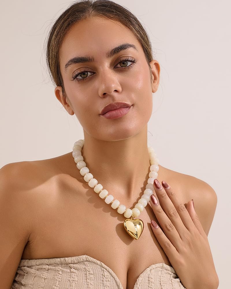 FAUTHENTICUTE Gold Heart Necklaces for Women Chubby White Beaded Necklace With A Puffy Heart Pendant Chunky Boho Statement Necklace - Image 2