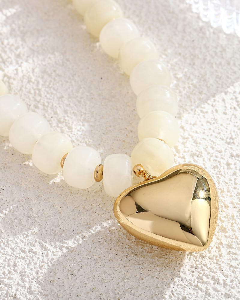 FAUTHENTICUTE Gold Heart Necklaces for Women Chubby White Beaded Necklace With A Puffy Heart Pendant Chunky Boho Statement Necklace - Image 4
