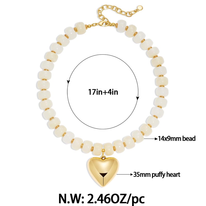FAUTHENTICUTE Gold Heart Necklaces for Women Chubby White Beaded Necklace With A Puffy Heart Pendant Chunky Boho Statement Necklace - Image 5