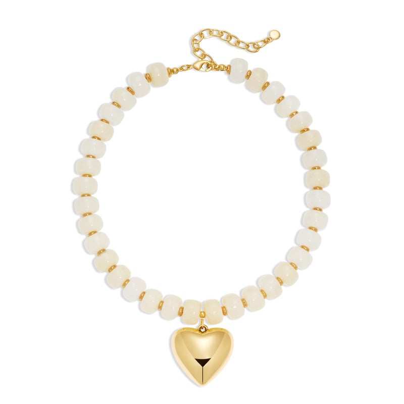 FAUTHENTICUTE Gold Heart Necklaces for Women Chubby White Beaded Necklace With A Puffy Heart Pendant Chunky Boho Statement Necklace - Image 1