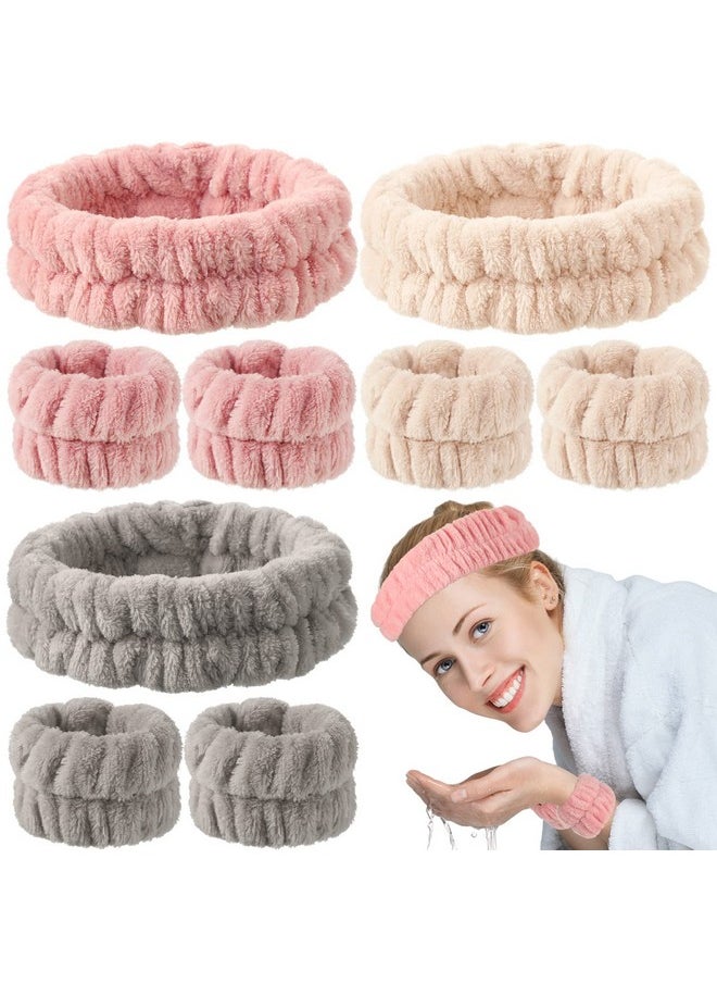 Chuangdi 9 Pcs Reusable Spa Headband Wrist Washband Face Wash Set Include 3 Microfiber Headband 6 Wrist Washband For Women Girls Avoid Liquid From Spilling Down Arms(Hot Pink Beige Coffeegentle Style)  - Image 2