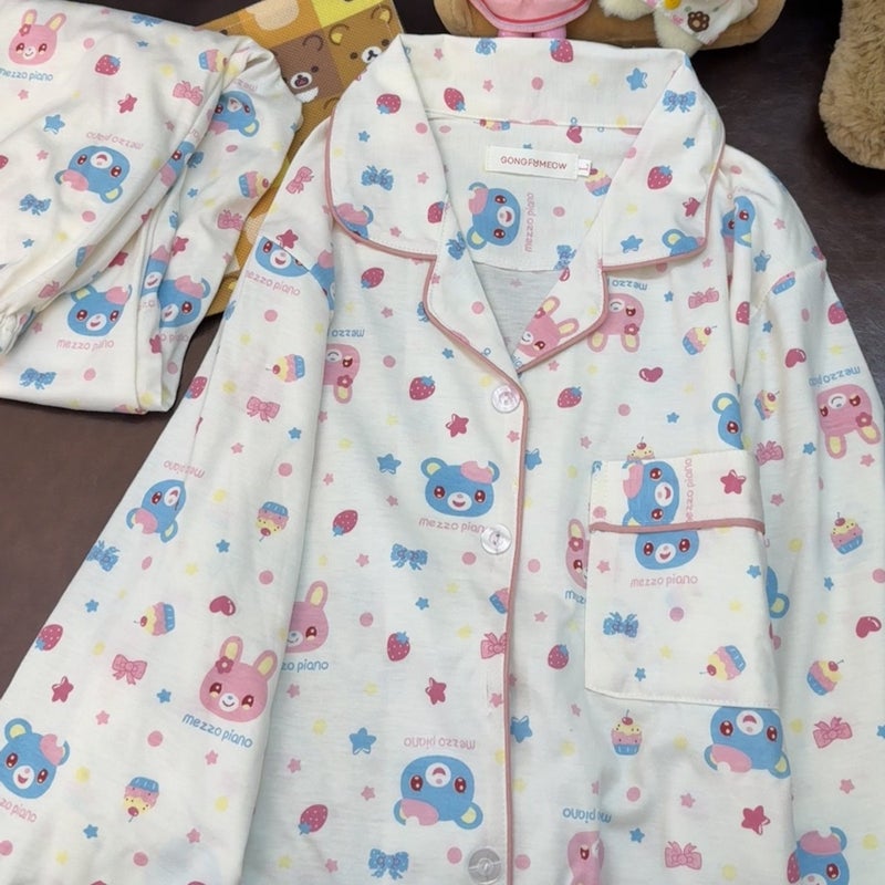 Polka Dot Strawberry Rabbit Girls Pyjama Set - Long Sleeve Cardigan & Long Pants - Image 2