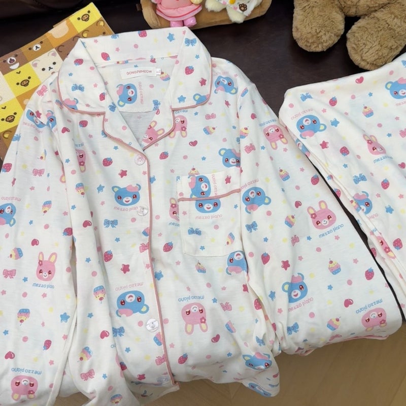 Polka Dot Strawberry Rabbit Girls Pyjama Set - Long Sleeve Cardigan & Long Pants - Image 1
