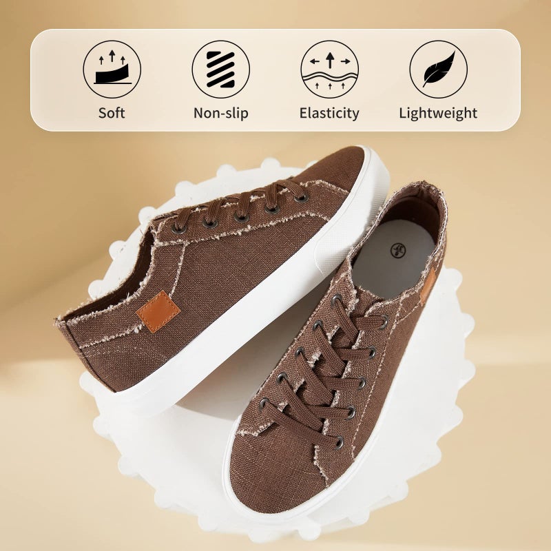 XRH Women's Sneakers Canvas Shoes for Women Lace up Fashion Canvas Sneakers Classic Low Top Casual Shoesï¼ˆBrown,US7ï¼‰ - Image 4