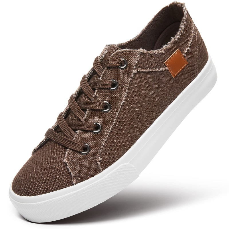 XRH Women's Sneakers Canvas Shoes for Women Lace up Fashion Canvas Sneakers Classic Low Top Casual Shoesï¼ˆBrown,US7ï¼‰ - Image 1