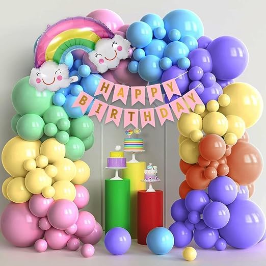 BRIJBAZAAR Birthday Decoration Items - 63 Pcs, Rainbow Theme Birthday Decorations | Multicolor Birthday Decoration Items for Kids | Rainbow Foil Balloon | Pastel Balloons, Glue Dot, Banner(Cardstock) - Image 1