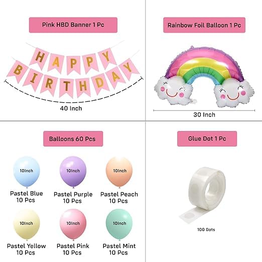 BRIJBAZAAR Birthday Decoration Items - 63 Pcs, Rainbow Theme Birthday Decorations | Multicolor Birthday Decoration Items for Kids | Rainbow Foil Balloon | Pastel Balloons, Glue Dot, Banner(Cardstock) - Image 2