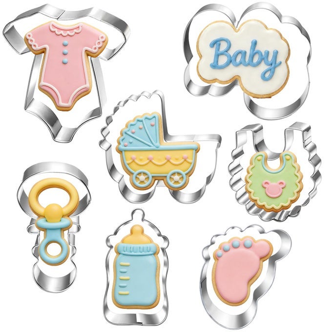 BABY SHOWER COOKIE CUTTER SET7 PIECE ONESIE BIB RATTLE BOTTLE CARRIAGE FOOT AND WORD BISCUIT COOKIE CUTTERS FONDANT MOLDS FOR BABY SHOWER BIRTHDAY PARTY