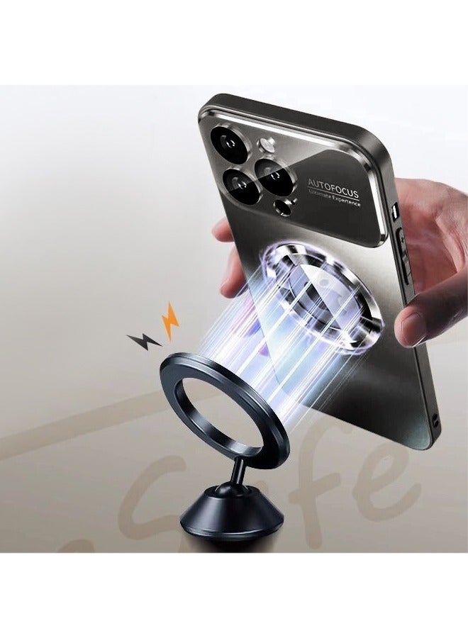 غطاء غطاء آيفون 15 برو ماكس متوافق مع غطاء Magsafe المغناطيسي المصمم للصدمات مزود بغشاء عدسة وغطاء شبكي مدمج مقاوم للغبار للظهر أسود - Image 2