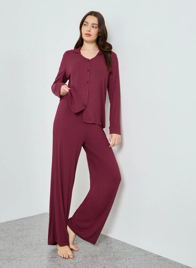 Supersoft Viscose Open Collar Buttoned Shirt and Pyjama Set