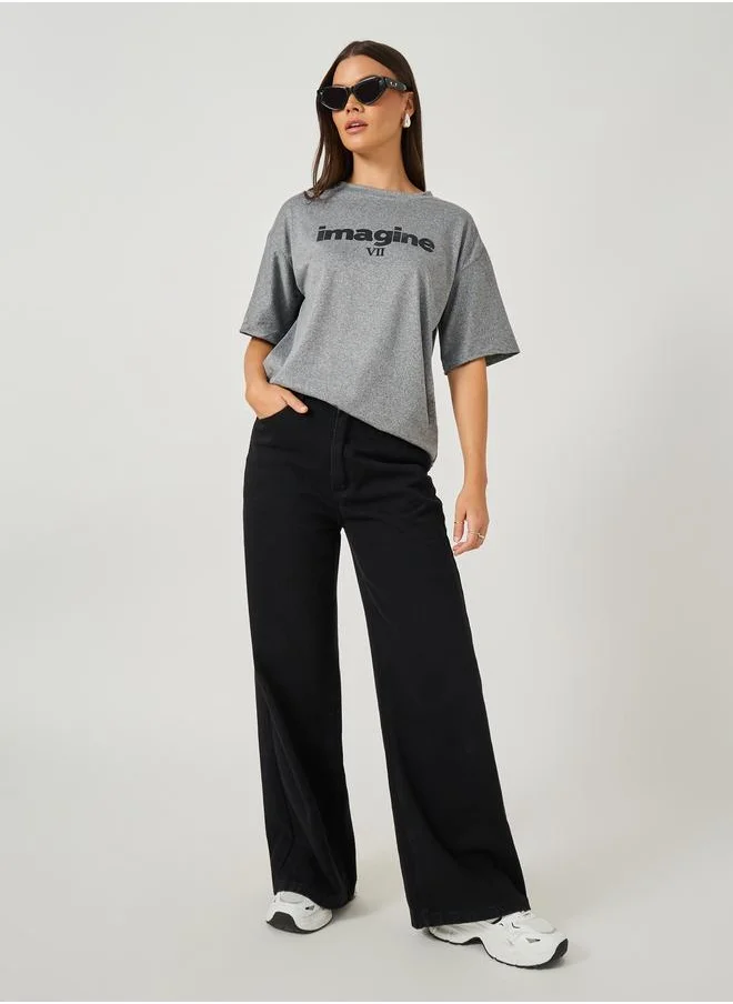 ستايلي Styli Slogan Print Round Neck Short Sleeve T-Shirt