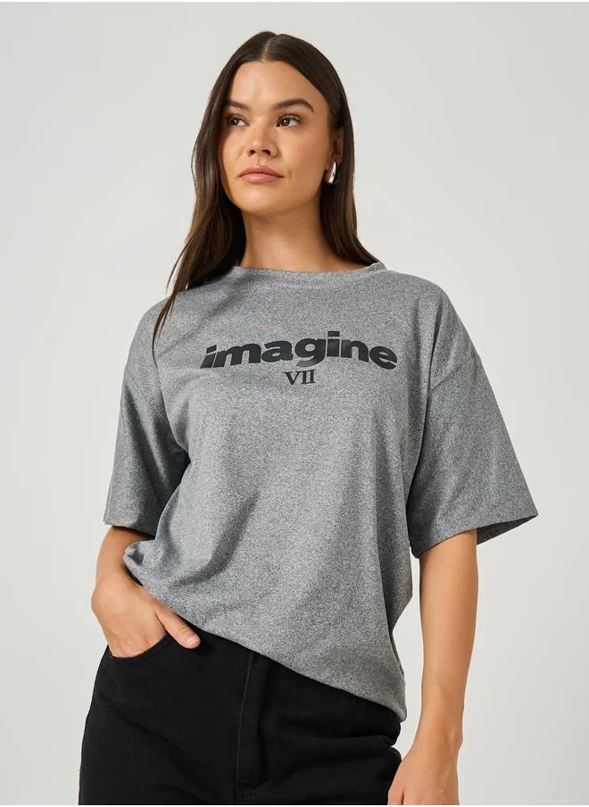 ستايلي Styli Slogan Print Round Neck Short Sleeve T-Shirt