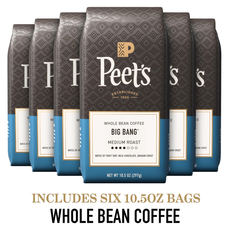 Peet's Coffee قهوة بيتس، قهوة حبوب متوسطة التحميص، قهوة أرابيكا 100% - بيغ بانغ 63 أونصة (6 أكياس من 10.5 أونصة) - Image 2
