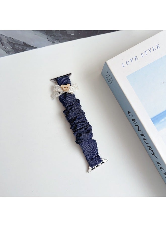 مناسبة لساعة Apple WatchS10/9/8/7/6/5 راديوم فيونكة الدب الطفل رباط شعر مرن من الدنيم-اللون: 44/45/46/49 مللي متر أزرق داكن - Image 1