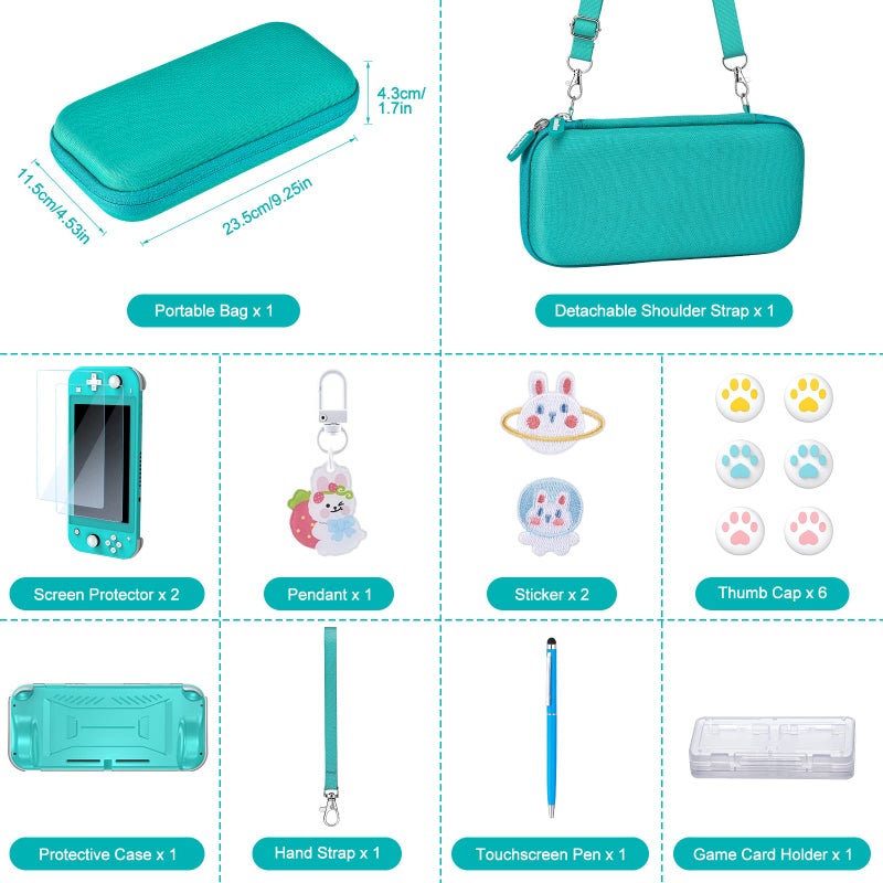 innoAura Switch Lite Case 18-in-1 Accessories Bundle for NS Switch Lite (2019), with Protective Carrying Case, Game Holder, Screen Protector & Cute Thumb Grips, Turquoise - Image 2