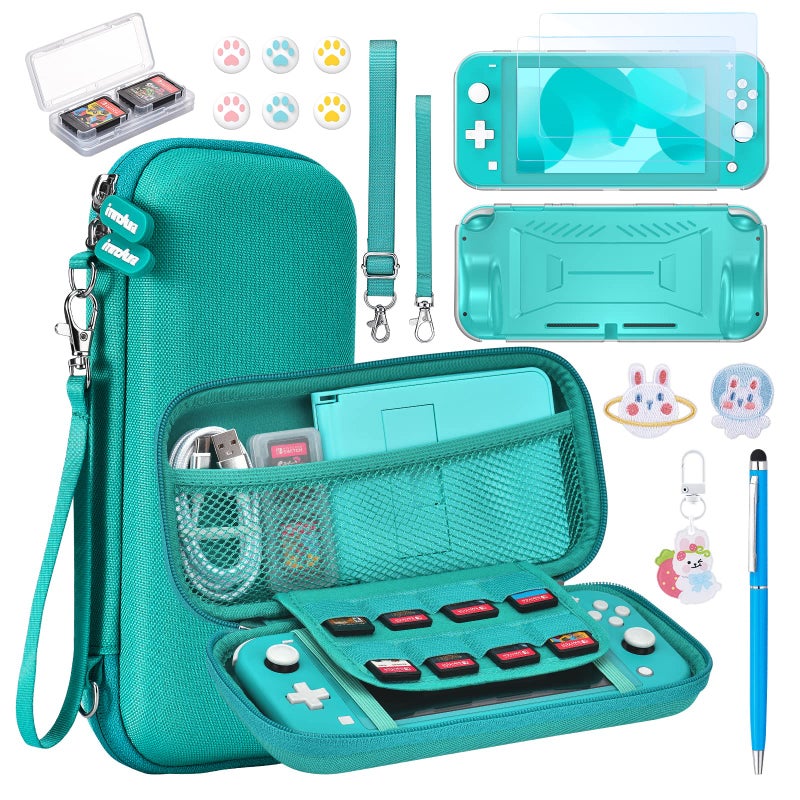 innoAura Switch Lite Case 18-in-1 Accessories Bundle for NS Switch Lite (2019), with Protective Carrying Case, Game Holder, Screen Protector & Cute Thumb Grips, Turquoise - Image 1
