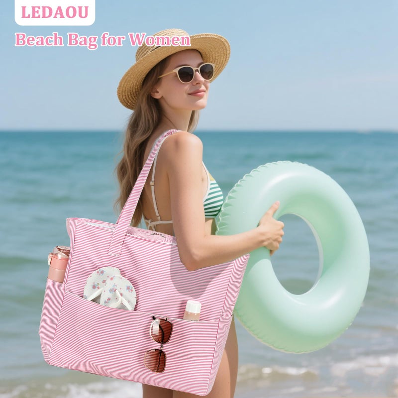 LEDAOU Large Beach Bag Women Waterproof Sandproof Zipper Beach Tote Pool Bag for Gym Grocery Travel with Wet Pocket - Image 2