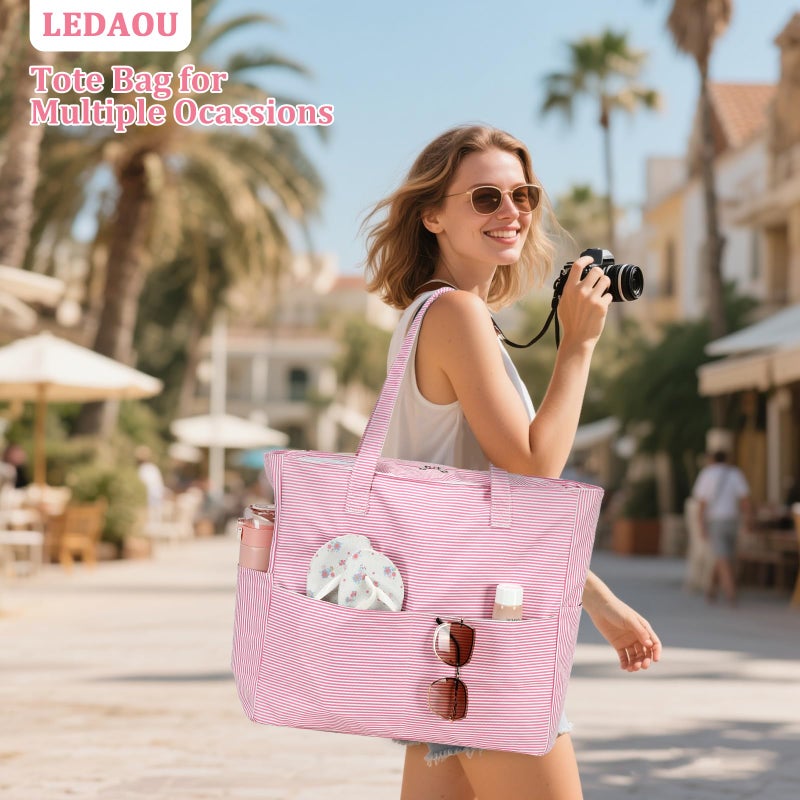 LEDAOU Large Beach Bag Women Waterproof Sandproof Zipper Beach Tote Pool Bag for Gym Grocery Travel with Wet Pocket - Image 3