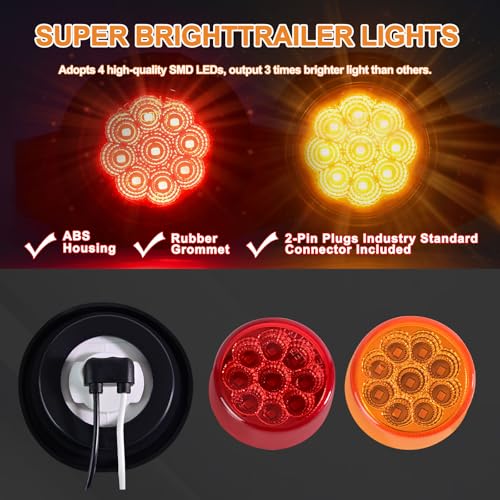 Wodvyss 10Pack(5 Amber + 5 Red) 2" 9 LED Round Trailer Side Marker Light Grommet Flush Mount, [DOT Approved] Sealed 2 inch Clearance Lights with Reflex Lens for Truck RV Camper, IP67 Waterproof, 12V - Image 3