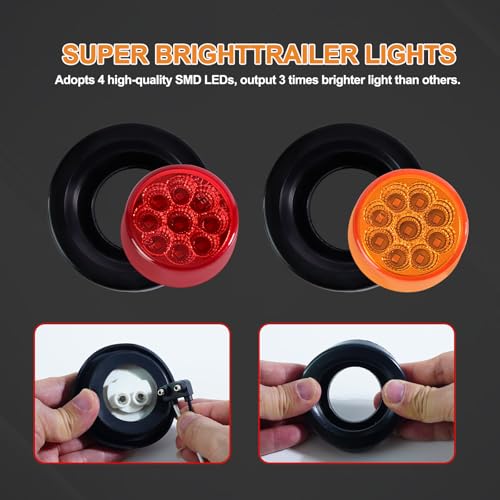 Wodvyss 10Pack(5 Amber + 5 Red) 2" 9 LED Round Trailer Side Marker Light Grommet Flush Mount, [DOT Approved] Sealed 2 inch Clearance Lights with Reflex Lens for Truck RV Camper, IP67 Waterproof, 12V - Image 4