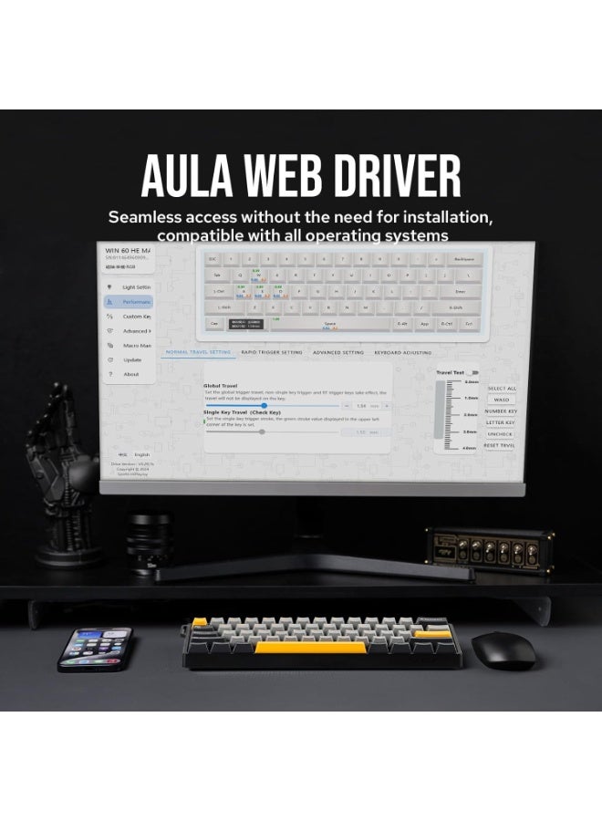 AULA كيبورد مغناطيسي سلكي WIN60 HE MAX 60% مع ضبط الفعل، معدل استقصاء 8000 هرتز، مفاتيح مغناطيسية بتأثير هول، قابل للتبديل الساخن، لألعاب FPS - Image 3