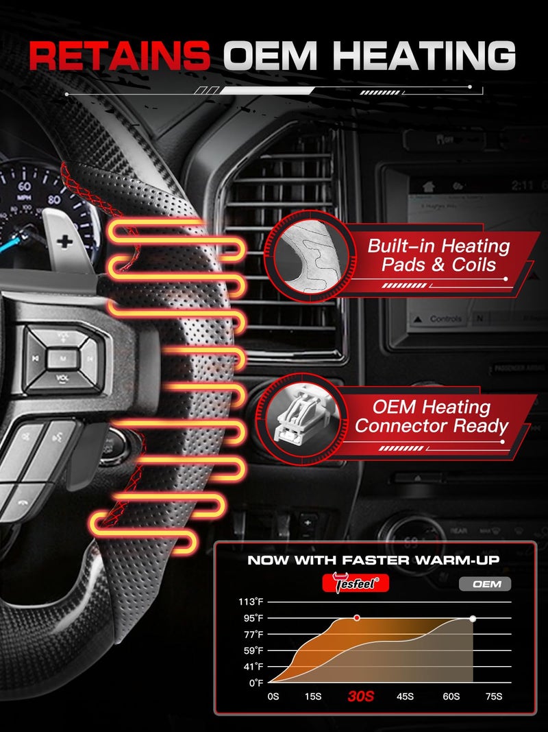 TESFEEL Heated Steering Wheel for F150 Raptor 2017-2020 Carbon Fiber Steering Wheel with Heated D-shaped Flat-bottom Preforated Leather Grip Hand-Stitched Compatible with Raptor with Paddle Shifters - Image 3
