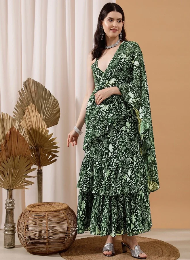 Indo Street Floral Printed Green Ready To Wear Saree for Women