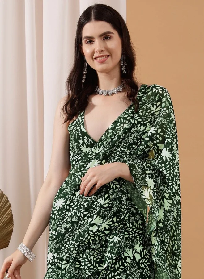 Indo Street Floral Printed Green Ready To Wear Saree for Women