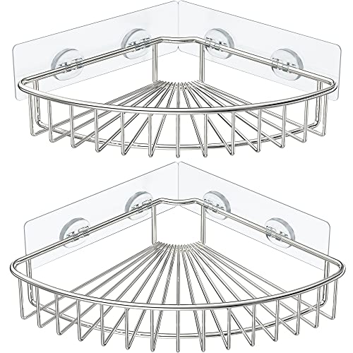 HEETA 2Pack Corner Shower Caddy Wall Mounted Storage Basket Shelve Adhesive Bathroom Shelf Organiser for Shower Toilet Dorm Kitchen SUS304 Stainless Steel No Drilling Silver