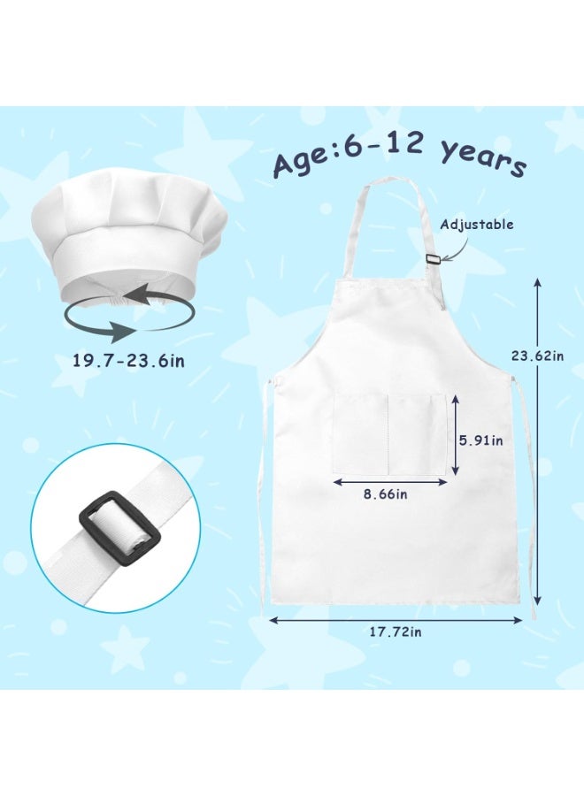 Bluejw Kids Apron and Chef Hat Set, 2 Pieces Boys Girls Kids Apron with 2 Pockets Adjustable for Cooking Classroom Baking Painting, 6-12 Years, White - Image 2