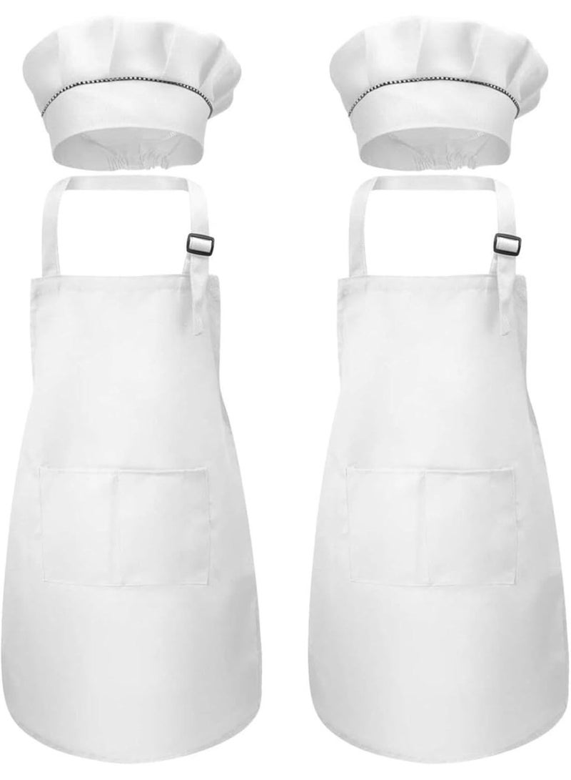 Bluejw Kids Apron and Chef Hat Set, 2 Pieces Boys Girls Kids Apron with 2 Pockets Adjustable for Cooking Classroom Baking Painting, 6-12 Years, White - Image 1