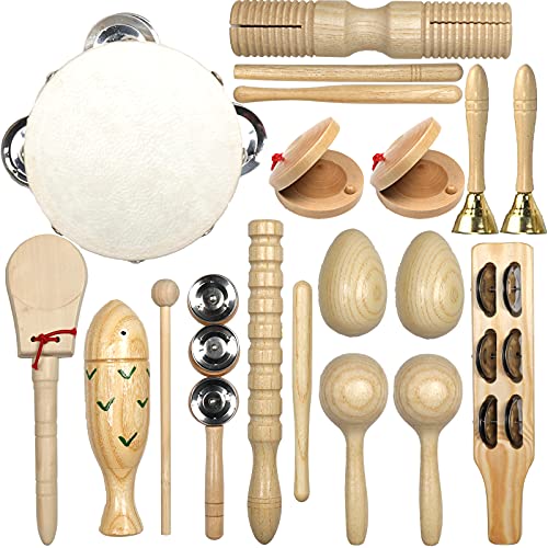 LHYCS Musical Instruments Set 15PCS Natural Wooden Percussion Tambourine Maracas Bells Instruments Educational Music Kit with Storage Bag Birthday - Image 1