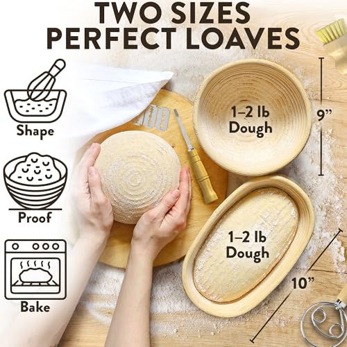 Benicci Complete Bread Proofing Baskets Set - Premium Quality Kit for Sourdough Bread Making - Includes 9" & 10" Banneton Basket w/All Needed Bread Baking Supplies - Perfect Tools for Baking Enthusiasts - Image 2