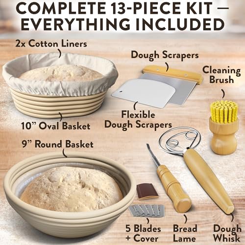 Benicci Complete Bread Proofing Baskets Set - Premium Quality Kit for Sourdough Bread Making - Includes 9" & 10" Banneton Basket w/All Needed Bread Baking Supplies - Perfect Tools for Baking Enthusiasts - Image 3