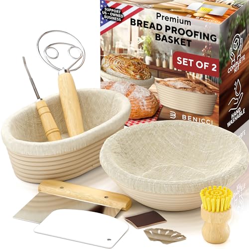 Benicci Complete Bread Proofing Baskets Set - Premium Quality Kit for Sourdough Bread Making - Includes 9" & 10" Banneton Basket w/All Needed Bread Baking Supplies - Perfect Tools for Baking Enthusiasts - Image 1