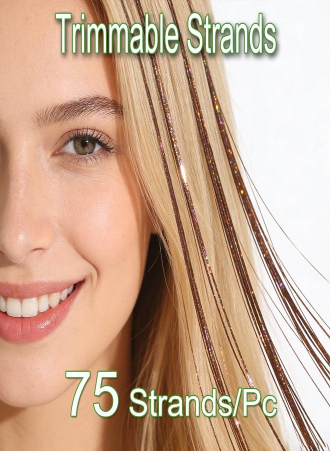 HANDWIG Chestnut Brown Clip in Hair Tinsel, 24 Inch 75 Strands Heat Resistant Glitter Hair Extensions, 6 Packs Natural Fairy Hair for Women Daily Office Casual Wear - Image 2