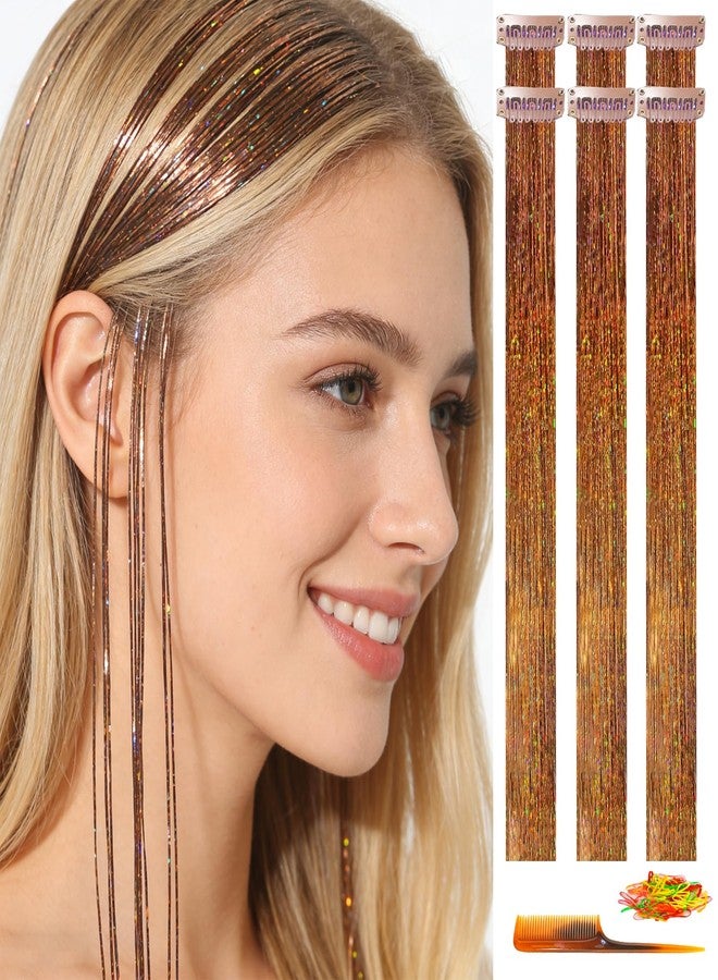 HANDWIG Chestnut Brown Clip in Hair Tinsel, 24 Inch 75 Strands Heat Resistant Glitter Hair Extensions, 6 Packs Natural Fairy Hair for Women Daily Office Casual Wear - Image 1