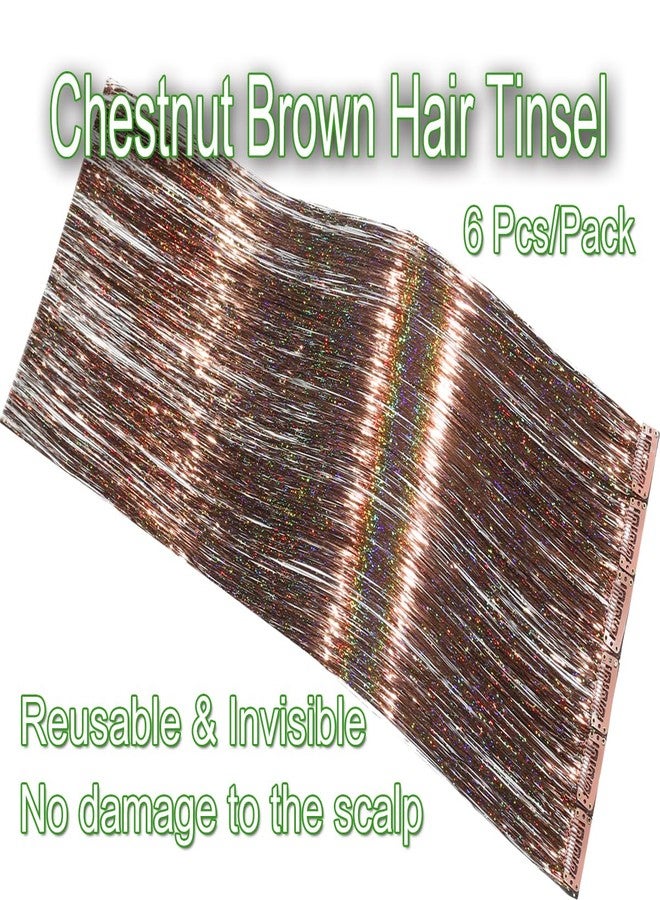 HANDWIG Chestnut Brown Clip in Hair Tinsel, 24 Inch 75 Strands Heat Resistant Glitter Hair Extensions, 6 Packs Natural Fairy Hair for Women Daily Office Casual Wear - Image 4