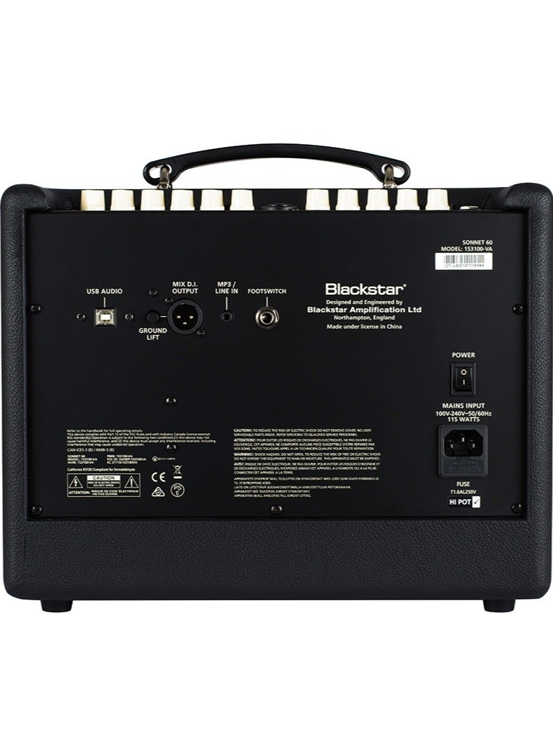 Blackstar Sonnet 60 -1 x 6.5”/1 x 1” 60 Watt Black Acoustic Guitar Combo Amplifier - Image 2