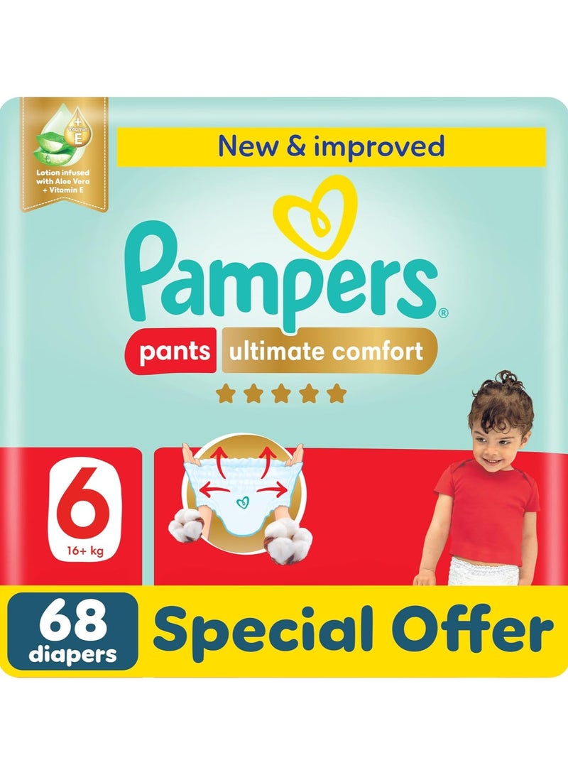 Pampers Ultimate Comfort Pants Diapers, Size 6, 16-21kg, Lotion infused with Aloe Vera and Vitamin E, Cottony Soft Fit for up to 100% Leakage Protection, Super Saving Pack, 68 Count