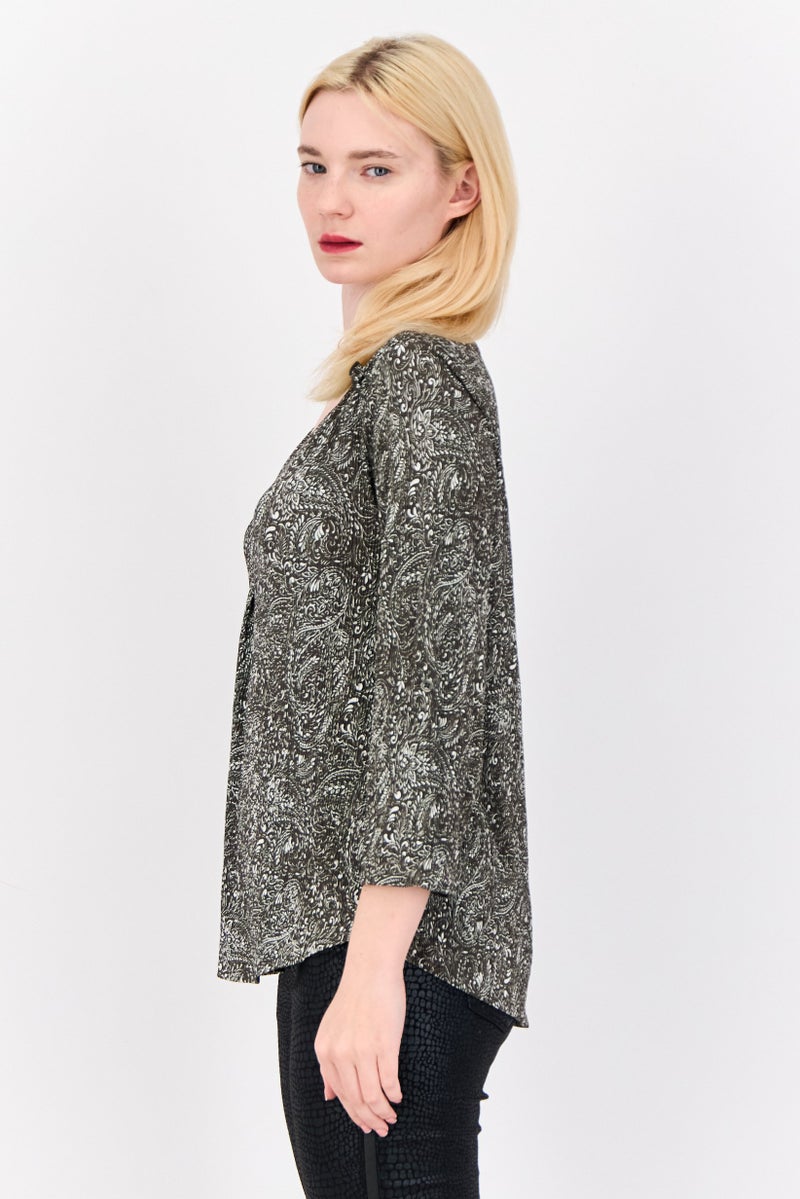 Cable & Gauge Women V-Neck 3/4 Sleeve Floral Print Tops, Olive - Image 4